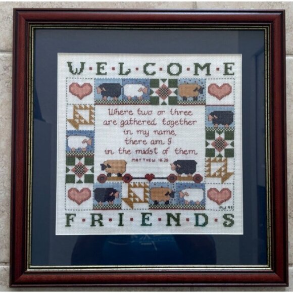 Framed Welcome Friends Cross Stitch With‎ Matthew 18:26 Verse Handmade - Picture 3 of 5